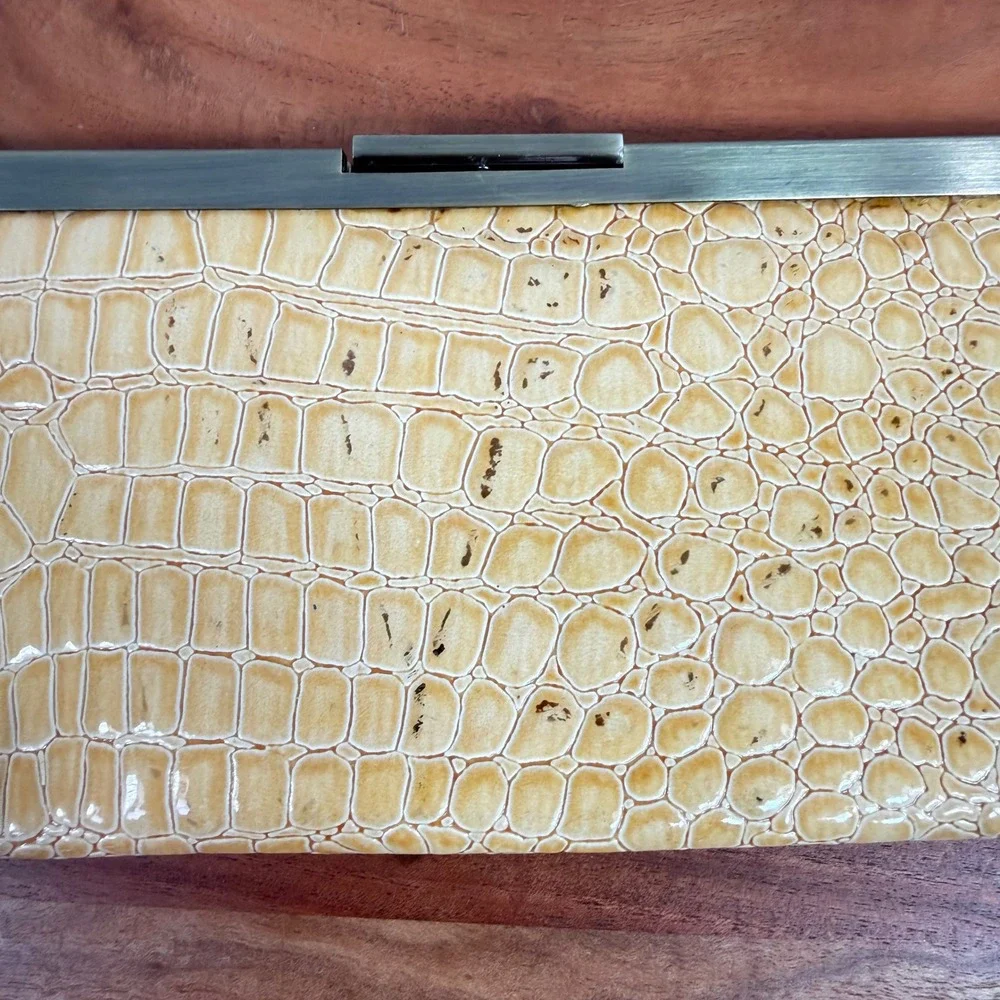 Jessica McClintock Yellow Croc Embossed Clutch Evening Bag w Brass Frame & Chain